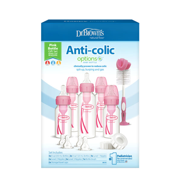 Dr. Brown's Options+ Anti-colic Bottle Giftset | Biberon à col étroit rose – Image 2