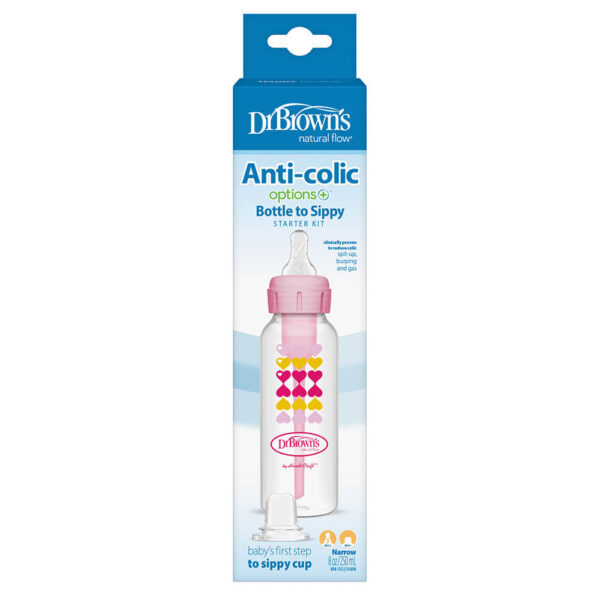 Dr. Brown's Options+ Bottle to Sippy Starter Kit | Biberon à col étroit rose 250 ml – Image 4