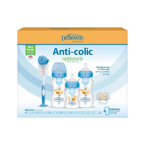 dr. brown’s options+ anti colic bottle giftset | biberon à col large bleu