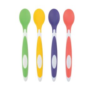 baby Cuillères à embout souple du Dr Brown avec quatre cuillères colorées vert jaune violet et rose en matériau doux présentées sur fond clair