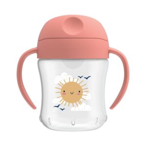 Dr. Brown’s gobelet d'entraînement bec verseur doux 180 ml rose avec couvercle fermé, poignées ergonomiques et motif soleil