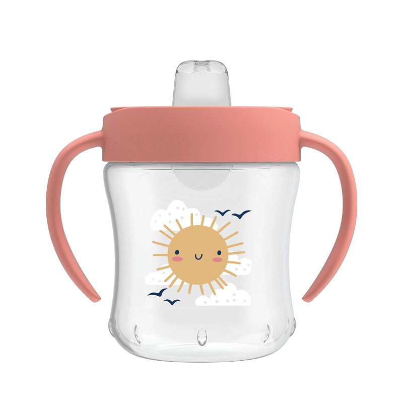 Dr. Brown’s gobelet d'entraînement bec verseur doux 180 ml rose avec poignées ergonomiques et motif soleil, conçu pour baby et facile à tenir