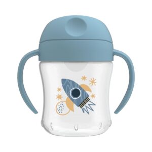 Dr. Brown’s gobelet d'entraînement bec verseur doux 180 ml bleu avec couvercle fermé, poignées ergonomiques et motif fusée, adapté pour baby