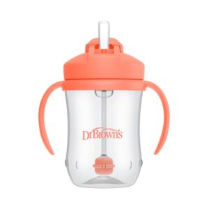 Dr. Brown’s options+ premier gobelet bleu avec paille 270 ml corail avec paille relevée, poignées ergonomiques et paille intégrée visible à l’intérieur