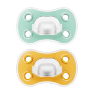 Dr. Brown’s sucette en silicone dr. brown’s symétrique phase 2 présentée en deux coloris vert et jaune, avec bouclier ventilé et forme ergonomique adaptée pour baby