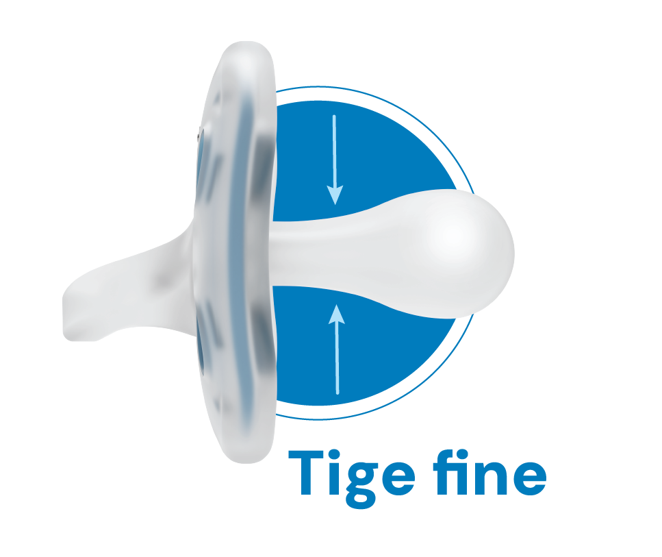 Dr. Brown’s graphic d’une tétine avec tige fine et flèches indiquant sa flexibilité, représentant un accessoire de babyfles pour bébé conçu pour s’adapter naturellement à la succion