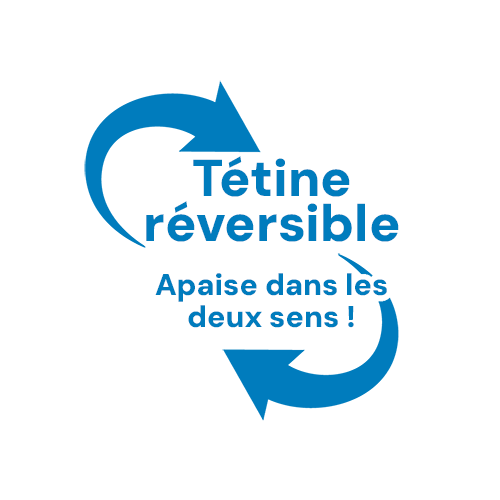 Dr. Brown’s graphic avec flèches circulaires et texte tétine réversible, indiquant qu’une babyfles pour bébé permet une utilisation dans les deux sens pour apaiser facilement
