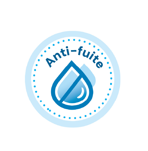 Dr. Brown’s graphic d’un symbole anti fuite avec une goutte d’eau bleue, représentant une babyfles pour bébé conçue pour éviter les fuites et garder le contenu bien à l’intérieur