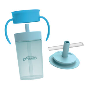 Gobelet Straw to 360° de Dr. Brown’s avec poignées, couvercle à paille, paille supplémentaire en silicone et valve.