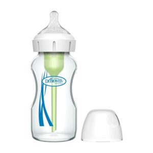 Biberon en verre Dr. Brown’s Options+ à col large de 270 ml avec système de ventilation anti-colique.