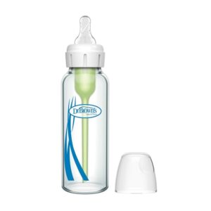 Biberon en verre Dr. Brown’s Options+ à col étroit de 250 ml avec système de ventilation anti-colique.